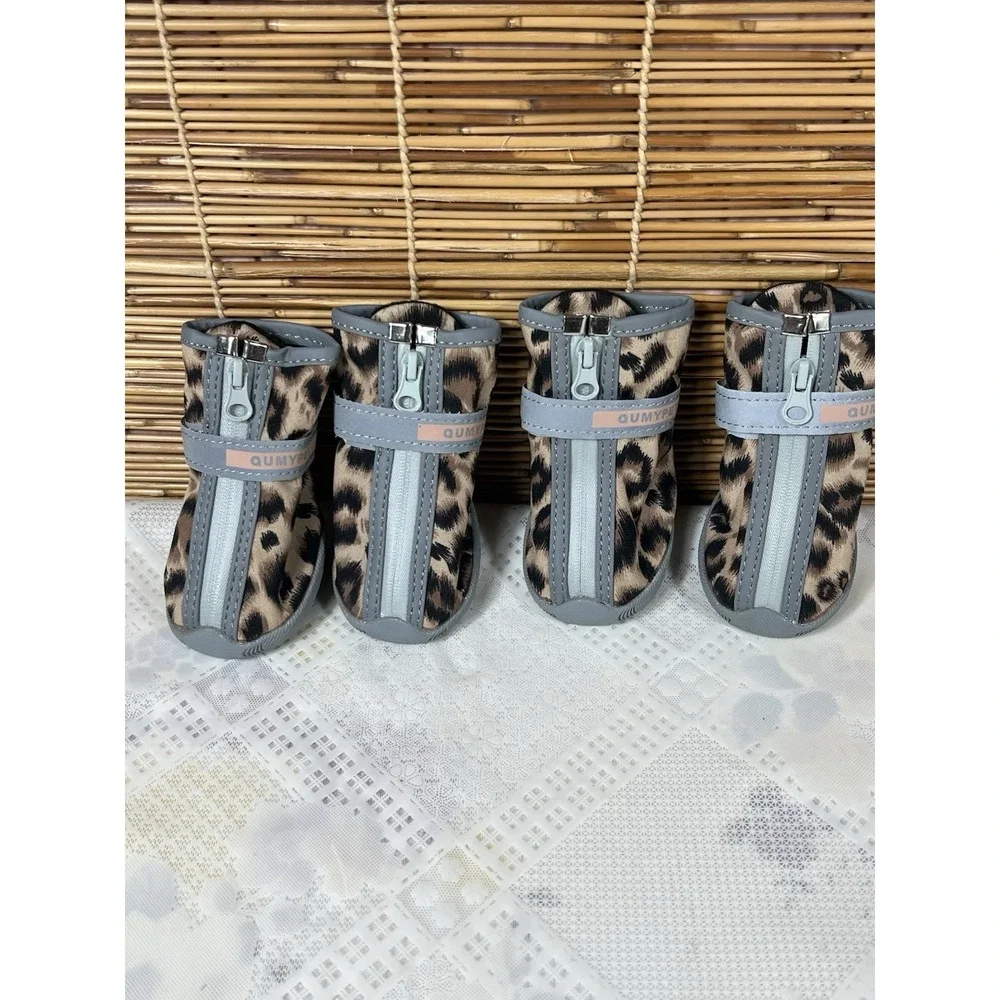 Dog Boots Shoes Size 5 Non-slip Rubber Brown Gray Leopard Print Set‎ of 4